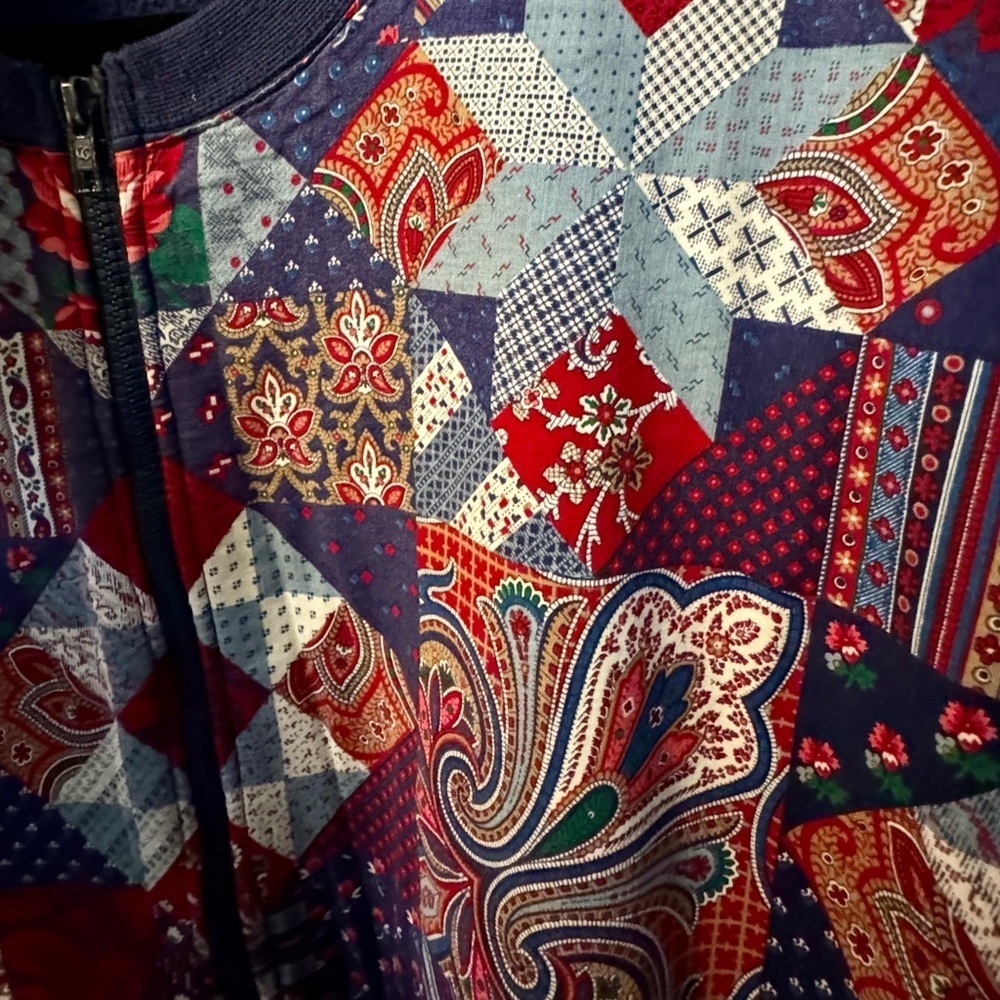 VTG 90’s Blue Multi Pattern Quilted Bomber Zip Up Sweater Jacket Grannycore - Picture 7 of 10